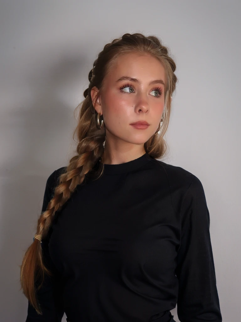 femme arafée aux cheveux longs dans un black top et une tresse, Female model, Elena Belova, fille avec des tresses, blonde braids and blue eyes, Dasha Taran, portrait de haute qualité, Portrait de Sophie Mudd, Sophie Turner Fille, portrait doux 8 k, long braided hair pulled back, style de Julia Razumova, belle fille, tetas grandes, black top, plain white background, white background, Fond uni, tetas grandes