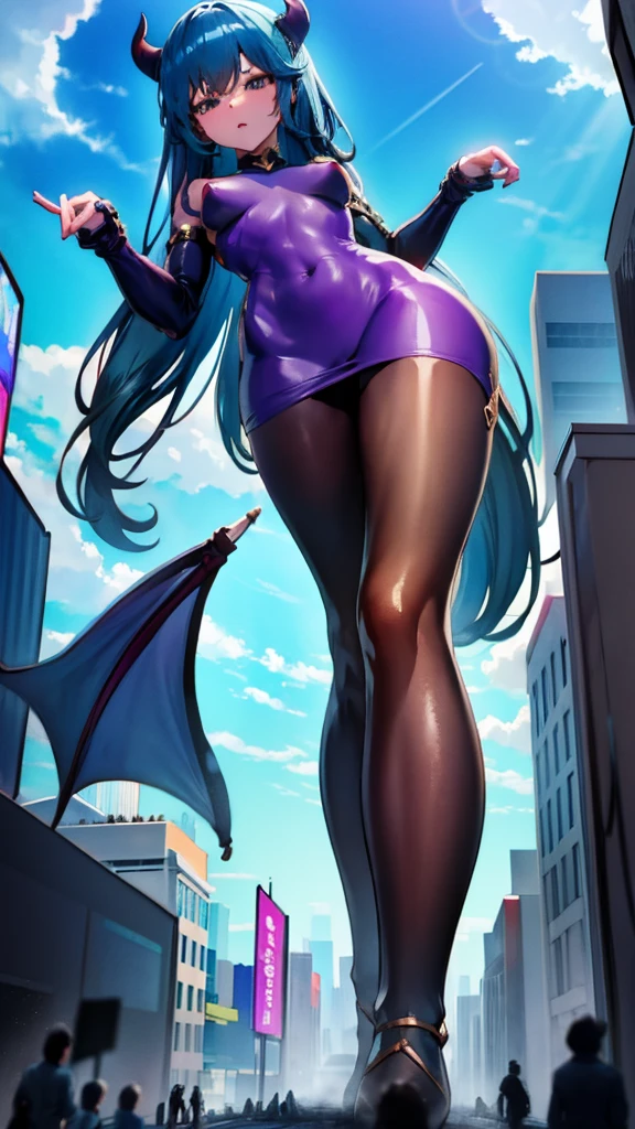 A colossal giantess succubus walks into a tiny city, breaking the floor and everything with her heels, she looks down and mocks you as you see him from below her tiny tits, full bodysuit  and long legs covered all in transparent pantyhose, look down, evil, better quality, close, photo under her, destruction, death tinys, tiny people, tiny humans, blood, death people, crushed