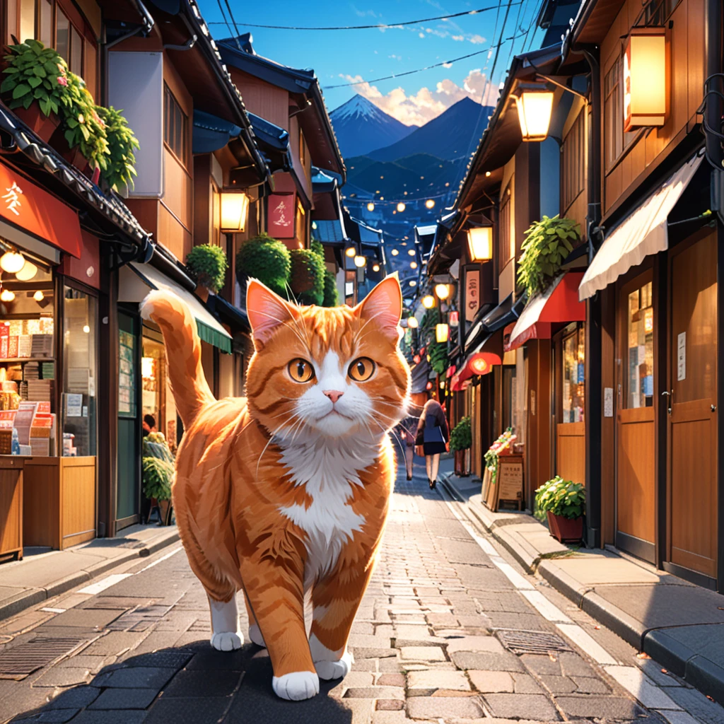 【mountain】
A cute big ginger cat walking down the street.A cute, large, hungry-looking ginger cat walks through a busy street。Shops and people々as they come and go、The soft light of the evening envelopes the city.。The cat seems to be looking for something、Eyes darting around。