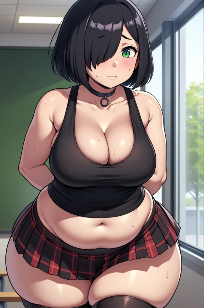 ((highres)), Masterpiece, high quality, best quality, beautiful, perfect lighting, detailed face, ultra cute face, ((1girl)), ((solo)), short black hair, hair over one eye, green eyes, pale skin, ((blush)), shy, aroused, sweat, arms behind back, (black tank top), (short plaid pleated skirt), thigh highs, chocker, cleavage, large breasts, (wide hips), (thick thighs), navel, chubby, chubby belly, belly rolls, standing in a classroom, leaning on desk, cowboy shot,