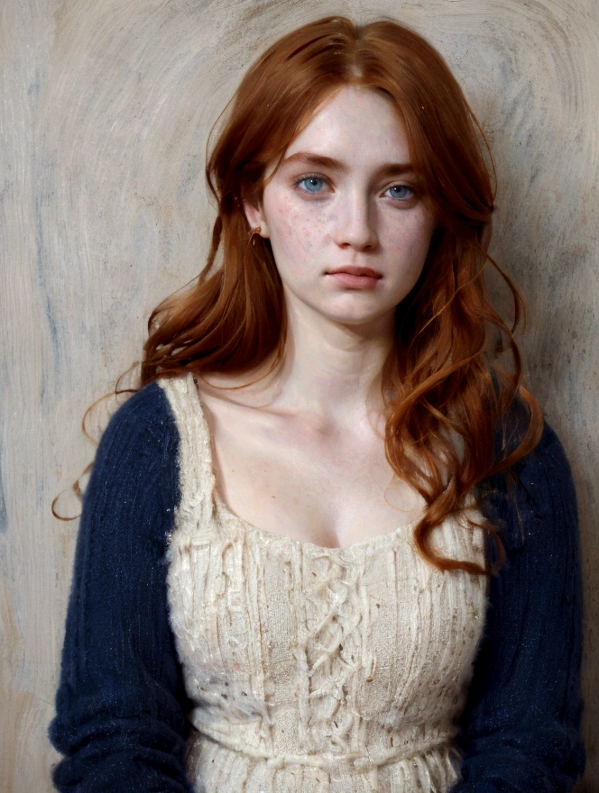 Very Detailed Photo, portrait, of a (handsome 25 years old human girl:1.3), medium-long fluffy ginger hair, ginger girl, pale, scruffy face, giner, oil painting, freckles, many freckles on face, blue-gray background, very detailed indigo eyes, looking off center at camera, 158cm, 52kg, busty, big UHD, 8K, realism, correct