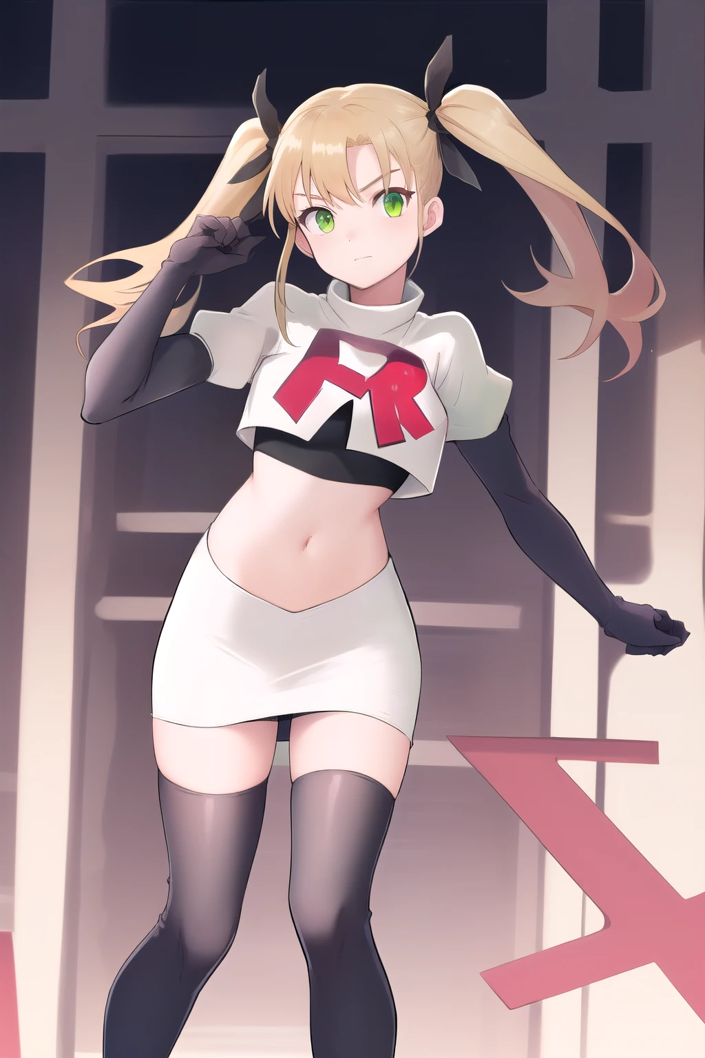 masterpiece, best quality, highres, 1girl twintails hair ribbon, green eyes, team rocket,team rocket uniform,white skirt,red letter R,crop top,black thigh-highs,black elbow gloves