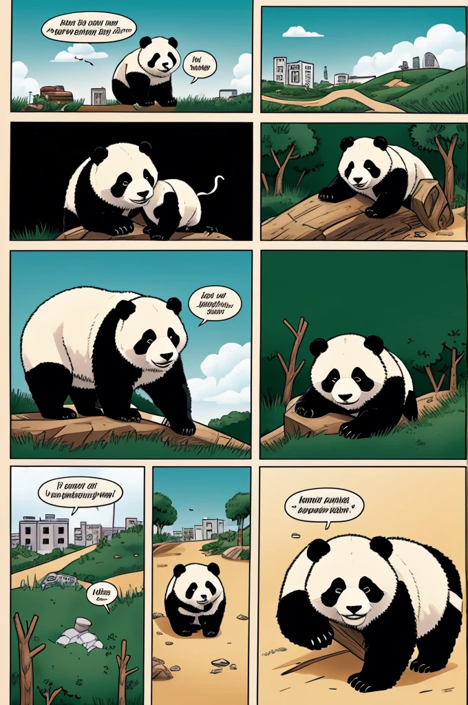 Create a comic strip with dialogue in Spanish about environmental pollution with a maximum of 6 panels and the main characters being 2 pandas talking about the issue of pollution 