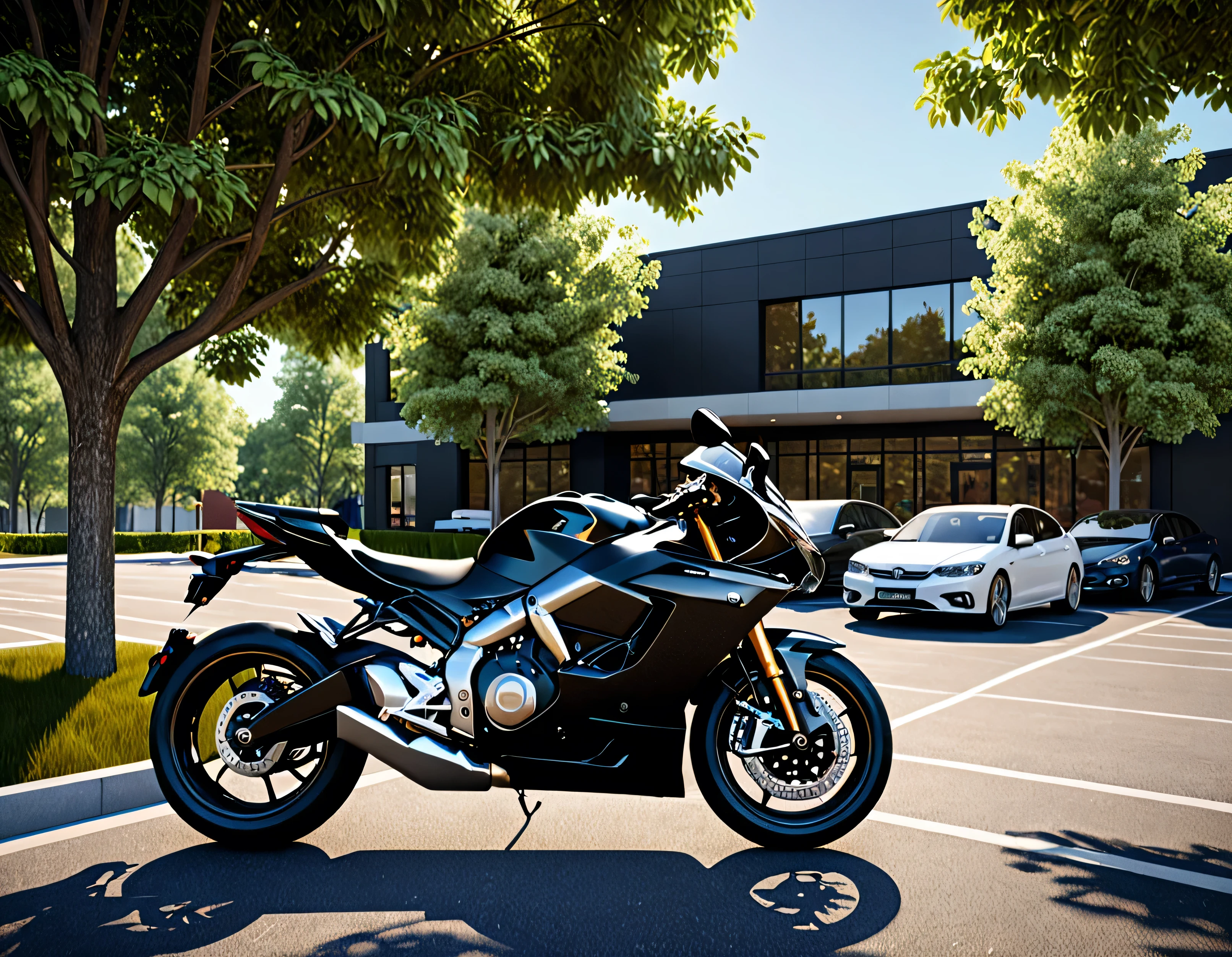 black motorcycle parke, cars parked in a parking lot with trees in the foreground,university parking, detailed rendering, a photorealistic rendering, realistic rendering, photorealistic rendering, realistic scene, photorealistic streetscape, cg rendering, rendered in lumion pro, realistic physical rendering, digital rendering, beautiful rendering, 3d rendering!, 3 d rendering!, hyper detailed scene, architectural rendering