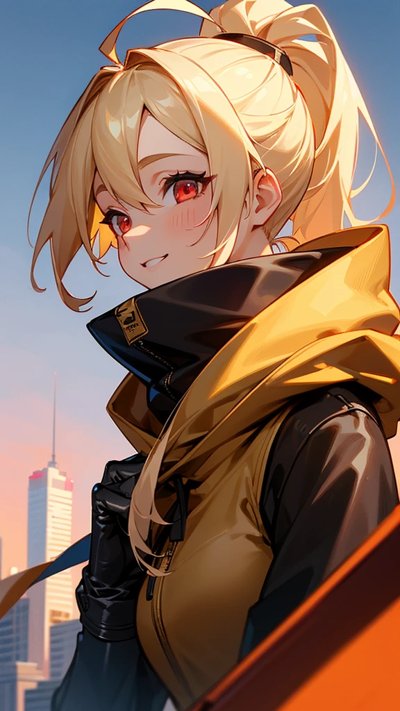 1 Girl、solo、Wearing a hoodie、Wearing black leather gloves、Blonde ponytail、Ahoge、Beautiful red eyes、smile、Highly detailed profile、Upper body close-up、Ultra-detailed illustrations、Golden Hour Sky、Skyscraper rooftop
