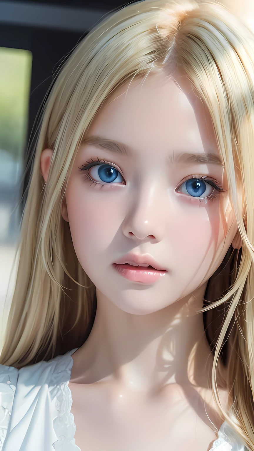 high quality、最high quality、Photorealistic、Raw photo、Real、超Real8K CG、Super detailed、High resolution、masterpiece、1 Girl、Super long hair、Light blonde hair、Bright Blue Eyes、Detailed face and eyes、Close-up、Intricate details、Detailed Texture、details、details、A perfectly beautiful face、Messy silky beautiful light blonde hair、Beautiful cute girl 、Very beautiful beautiful bright pale sky blue big eyes、Very super long beautiful blonde silky shiny hair、Long beautiful bangs、Very big eyes、Small Face Beauty、eyeliner、very white shiny skin、Gloss Face、Cheek gloss、Hair above the eyes、片Hair above the eyes、Hair between the eyes、