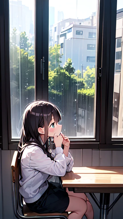 She is sitting on a chair at the table in the room...,I sat in front of her,(((She turned her face away.、Staring out the window))),Rainy season sky,(The sun just came out a little),the sun's rays shine on her face,((She is drinking coffee and smiling)),(((Look out the window))),Highest quality, masterpiece, Ultra-high resolution, 8K, Show anime style , One, Soft line drawing, Digital Enhancement, shojo anime touch, shojo manga core, Flowing fabric, close, Soft Drawing, Ultra High Definition Digital Anime Art, Clear facial depiction, Highly detailed girl manga character art, Ultra-detailed manga style, Highest qualityの色, (Short brown hair), Wet Hair,Beautiful brown hair, Clear brown eyes, A little thick,Small breasts,Small Ass,Teasing Smile,Close-up profile