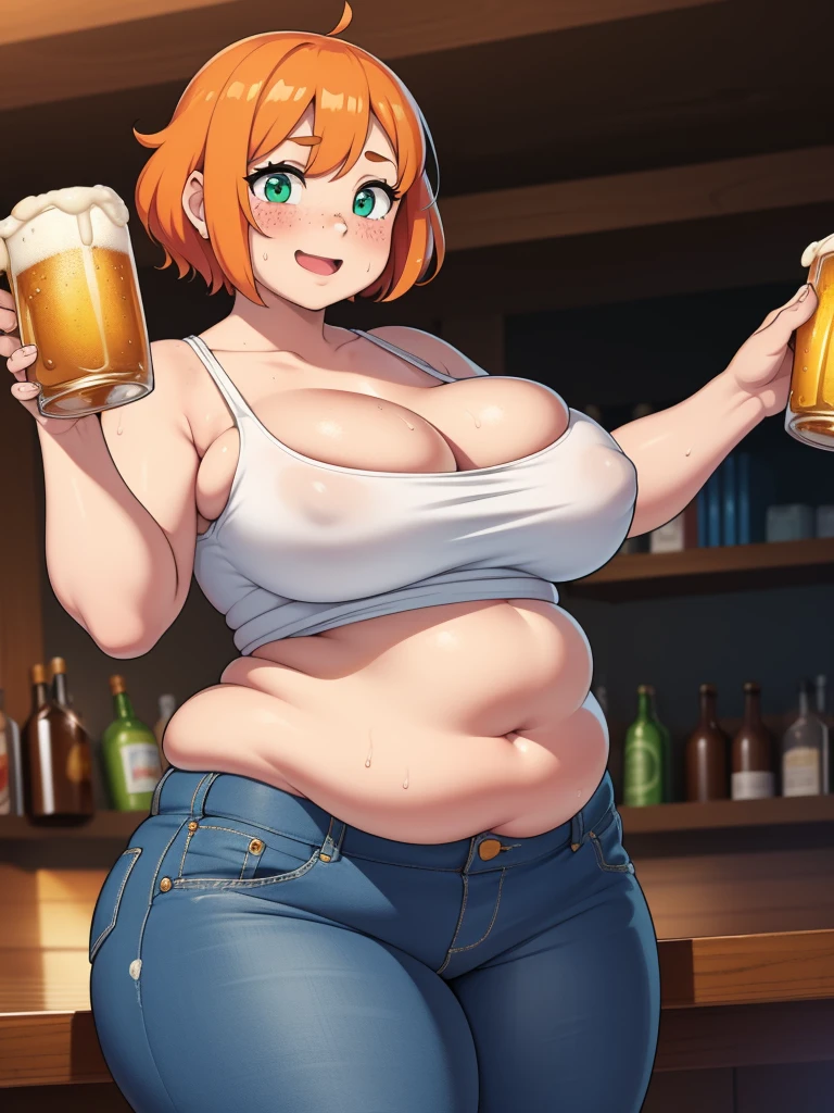 ((Masterpiece)), perfect anatomy, perfect shading, field of depth, (best quality), extremely delicate and beautiful, perfect lighting, detailed face, ultra cute face, cute, (1girl), (solo),

short fluffy orange hair, green eyes, freckles, ((blush)), drunk smile, sweat, looking at viewer, tank top, jeans, cleavage, medium breasts, ((thick thighs)), (wide hips), plump, chubby belly,

intricate background, detailed background, pub, standing, beer mug
