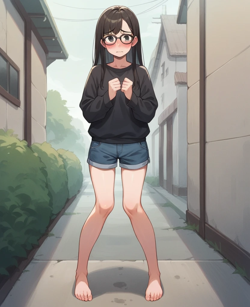 1girl with long hair and dress, 1 girl is taking to lavatory, long sleeves, black glasses, barefoot, looking at viewer, legs spread out, knees together, standing, embarrassed, shorts, blush, Keep one's mouth shut, street (girl is peeing self:0.75)