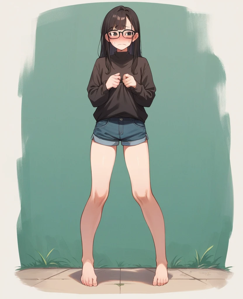 1girl with long hair and dress, 1 girl is taking to lavatory, long sleeves, black glasses, barefoot, looking at viewer, legs spread out, knees together, standing, embarrassed, shorts, blush, Keep one's mouth shut, street (girl is peeing self:0.75)