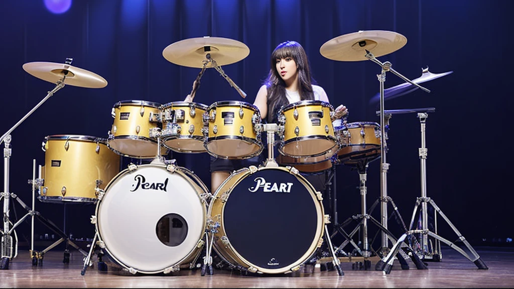 A woman who plays drama at a live performance、brunette disheveled hair、Detailed drum set:1.2、((Consists of bass drum, floor tom, snare drum, tom tom, hi-hat cymbal, ride cymbal, and crash cymbal.))、(Pearl drum set)、((Pear drum set SSC925S:1.2))、Cat's ears
