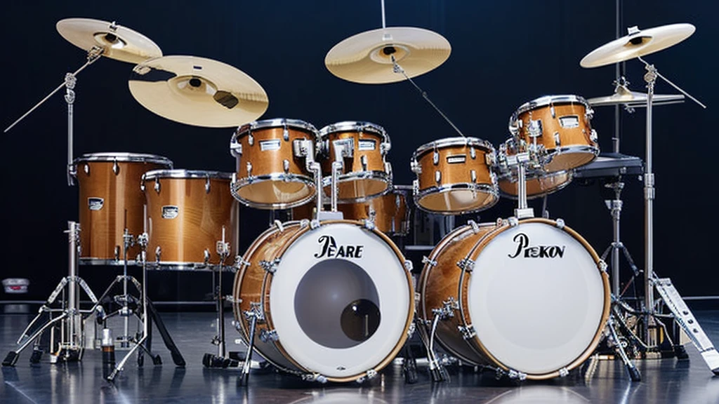 A woman who plays drama at a live performance、brunette disheveled hair、Detailed drum set:1.2、((Consists of bass drum, floor tom, snare drum, tom tom, hi-hat cymbal, ride cymbal, and crash cymbal.))、(Pearl drum set)、((Pear drum set SSC925S:1.2))、Cat's ears