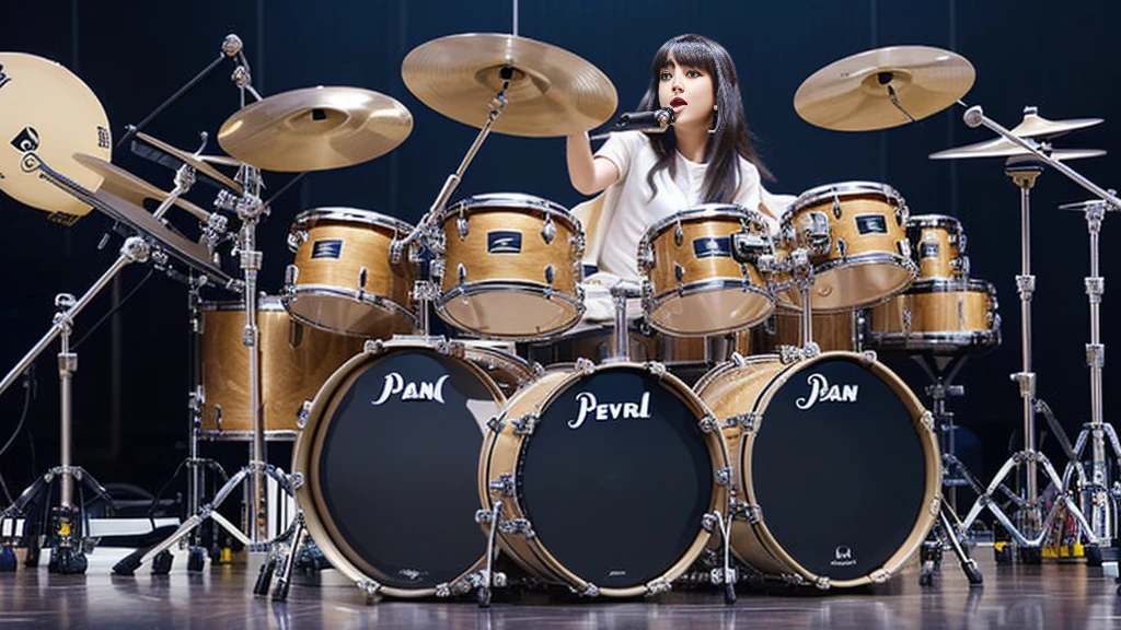 A woman who plays drama at a live performance、brunette disheveled hair、Detailed drum set:1.2、((Consists of bass drum, floor tom, snare drum, tom tom, hi-hat cymbal, ride cymbal, and crash cymbal.))、(Pearl drum set)、((Pear drum set SSC925S:1.2))、Cat's ears
