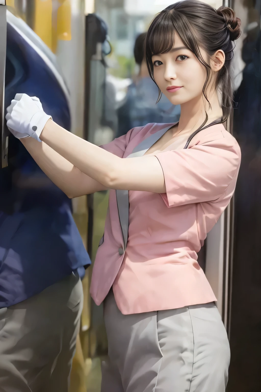 (masterpiece:1.2, Highest quality:1.2), 32k HDR, High resolution, (alone、1 girl)、(On the rooftop of a building in the daytime、Professional Lighting)、Building rooftop background、(Nankai train crew uniform pinkを着たリアルスタイル)、(Nankai train crew uniform pink short sleeve collarless pink jacket、Nankai Train Crew Uniform Pink Collarless Short Sleeve Blouse、Nankai Train Crew Uniform Pink Grey Knee-length Culottes)、((The bottom of the pink short-sleeved jacket cannot be tucked into the clay-colored culottes.))、Dark brown hair、(Hair tied up、Hair Bun、Hair Bun)、Dark brown hair、Long Shot、Big Breasts、Thin legs、((Great hands:2.0)),((Harmonious body proportions:1.5)),((Normal limbs:2.0)),((Normal finger:2.0)),((Delicate eyes:2.0)),((Normal eyes:2.0)))、(Nankai Train Crew Uniform Pink Grey Knee-length Culottesを見せた美しい立ち姿)、smile