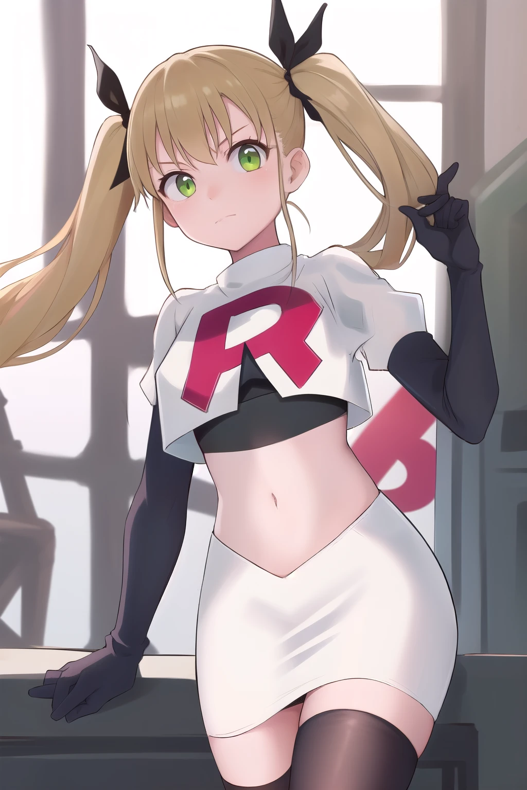 masterpiece, best quality, highres, 1girl twintails hair ribbon, green eyes, team rocket,team rocket uniform,white skirt,red letter R,crop top,black thigh-highs,black elbow gloves