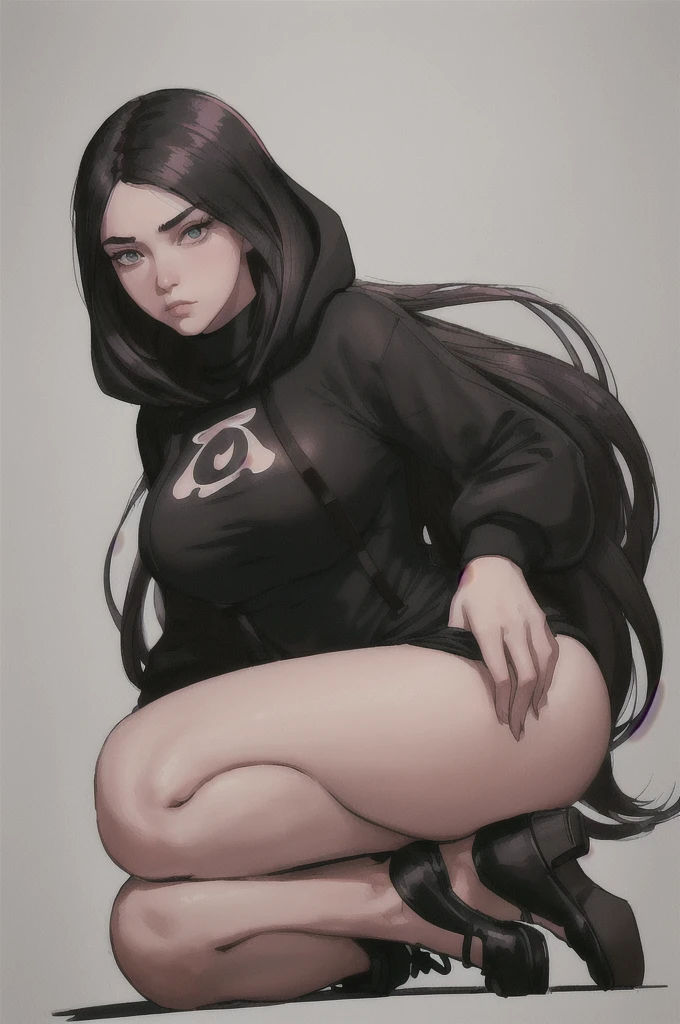 1girl, face, woman,  bmb-fc stunning intricate full color portrait, wearing a black turtleneck, epic character composition, by ilya kuvshinov, alessio albi, nina masic, sharp focus, natural lighting, subsurface scattering, f2, 35mm, film grain, 1girl, supermodel, woman, oversized hoodie, large ass, auburn long hair, masterpiece, best quality, shoes, full body,white background, studio, looking away, covered by hood