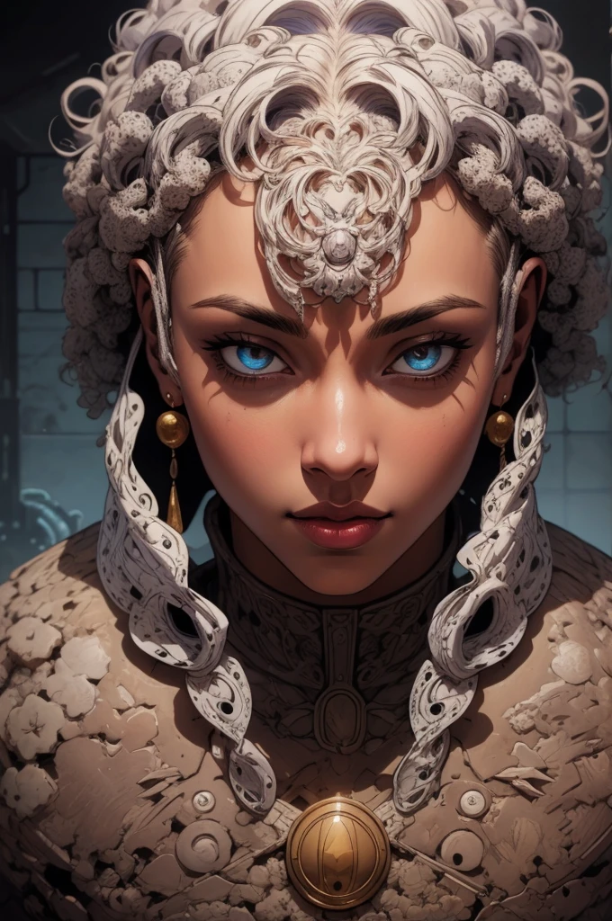 (masterpiece:1.2),(best quality:1.3, high quality:1.3), (highly detail eyes), highly detail mouth, highly detailed face, volumetric lighting, looking at viewer, afro hair, parted lips, (comic style)