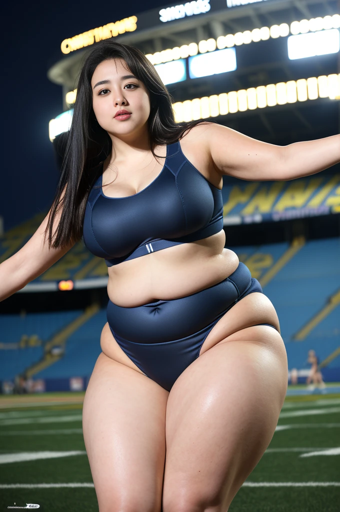 (best quality image:1.35), high qualiy, imagens realisitics, (A beautiful woman:1.33), (Japanese woman), Beautiful expression, (grandes olhos redondos:1.3), (double eyelid), (olhos comelys:1.3), (face detailed:1.3), (rosto comprido:1.3), ssmile, (shiny hair:1.2), (Bblack hair:1.3), super verbose, (high resolution:1.35), sports physique, (breasts big), (shorth hair:1.5), (comely woman), long navel, (Depth of the written limit f/1.2:1.45), sharp focus, CRU photo, (Navy blue bloomers for sprinters:1.5), (Simple Athlete Bloomers:1.5), (Navy blue sports bra for sprinters:1.5), (Navy blue runway bloomers:1.5), (Navy Blue Athletic Sports Bra:1.5), (Open your arms to the sides), (well-proportioned hands and legs:1.25), (beautiful thicc thighs:1.5), (thicc thighs:1.5), thick round ass, big-ass, (cowboy shot:1.5), (Athletics stadium at night:1.4), (dark sky:1.2), Asian, Youngh, Youngh Gravure Idol, sensuous, comely, role model, women, Kizi, Japanese, cute, 21 years old, Idol, realisitic,