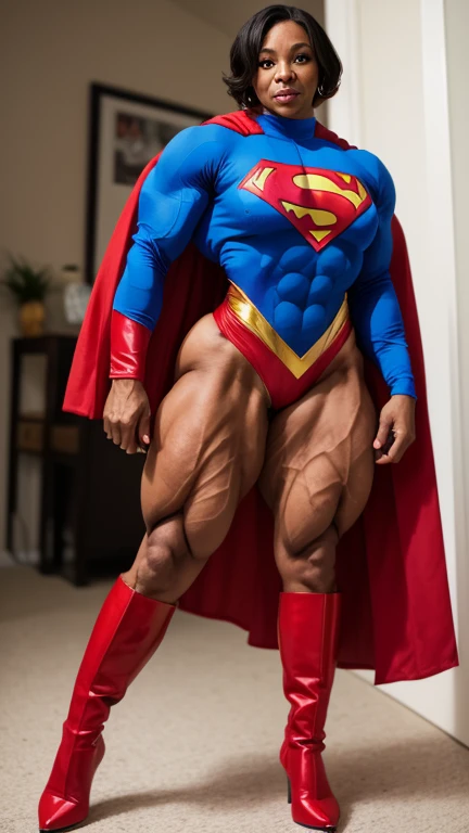 60 year old, light skinned black woman, bodybuilder, superman outfit, red and blue, red cape, high heels, knee high boots, (((full body shots)))