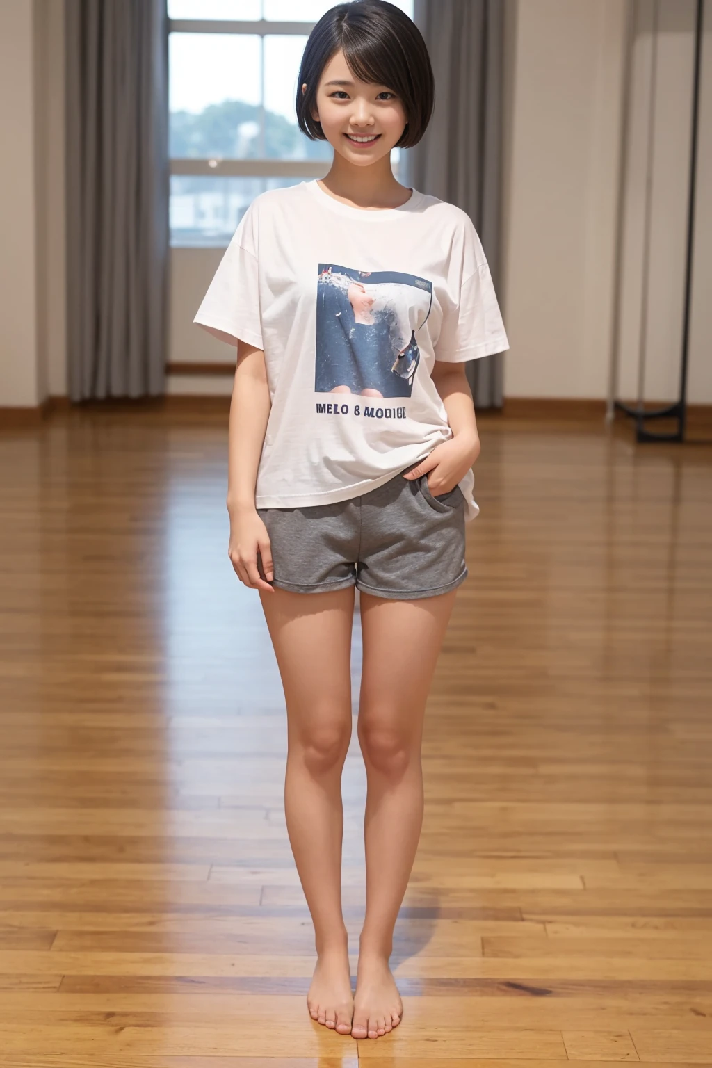 A girl, 18yo, cute smile girl, ((oversized T-shirt)), (gray soft cotton short pants), ((thick thighs)), black pixie cut, huge breasts, in wooden floor school gym, half open mouth, (standing, view from front), full body shot, (barefoot)