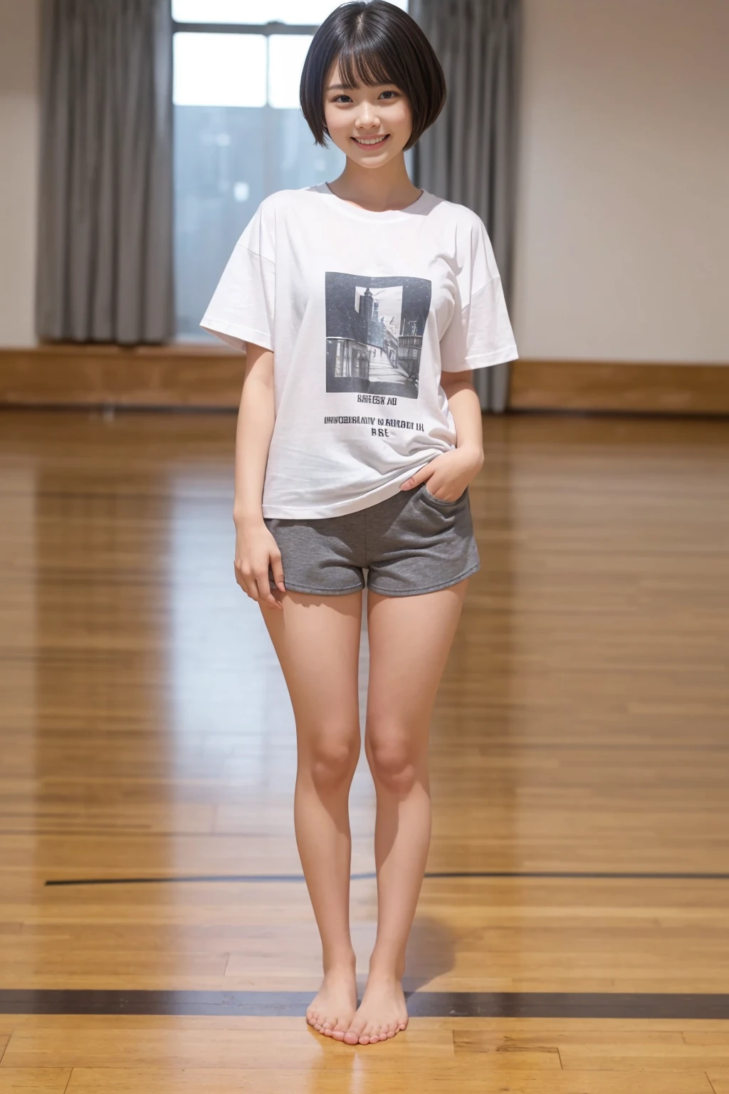 A girl, 18yo, cute smile girl, ((oversized T-shirt)), (gray soft cotton short pants), ((thick thighs)), black pixie cut, huge breasts, in wooden floor school gym, half open mouth, (standing, view from front), full body shot, (barefoot) 