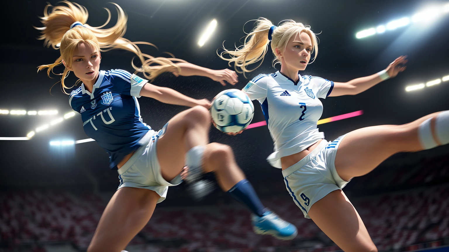 a dynamic and vibrant action shot of a female soccer player in mid-kick, with her leg extended towards the ball. She is wearing a white jersey and blue shorts, and her blonde hair is pulled back into a ponytail. The background is blurred with streaks of light, emphasizing the motion and energy of the scene. Hyperrealistic intricate detail, finely detailed,