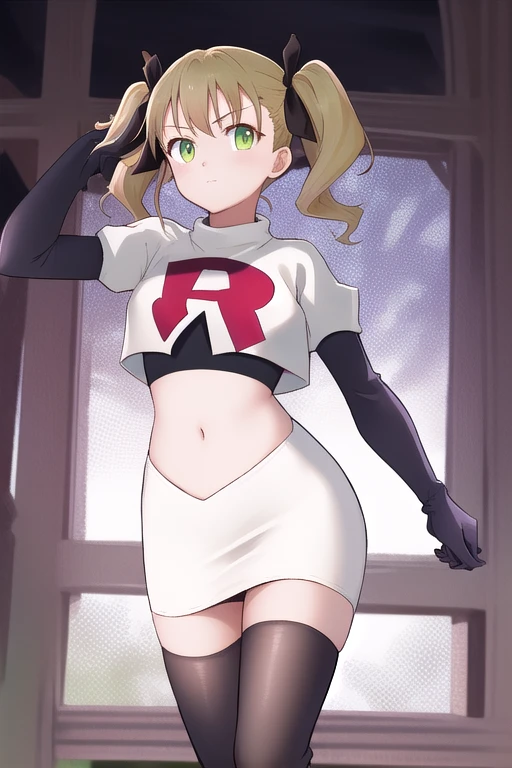 masterpiece, best quality, highres, 1girl twintails hair ribbon, green eyes, team rocket,team rocket uniform,white skirt,red letter R,crop top,black thigh-highs,black elbow gloves