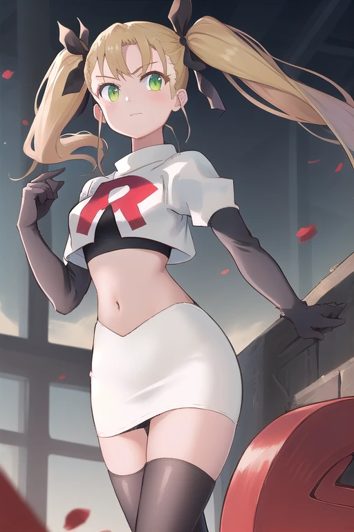 masterpiece, best quality, highres, 1girl twintails hair ribbon, green eyes, team rocket,team rocket uniform,white skirt,red letter R,crop top,black thigh-highs,black elbow gloves