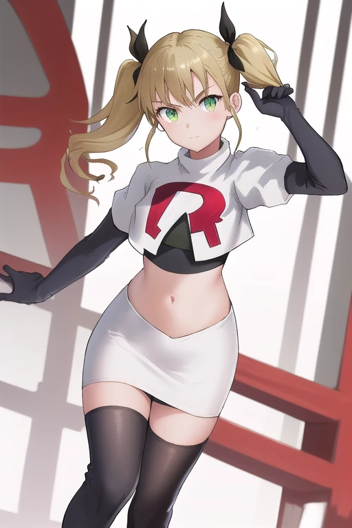 masterpiece, best quality, highres, 1girl twintails hair ribbon, green eyes, team rocket,team rocket uniform,white skirt,red letter R,crop top,black thigh-highs,black elbow gloves