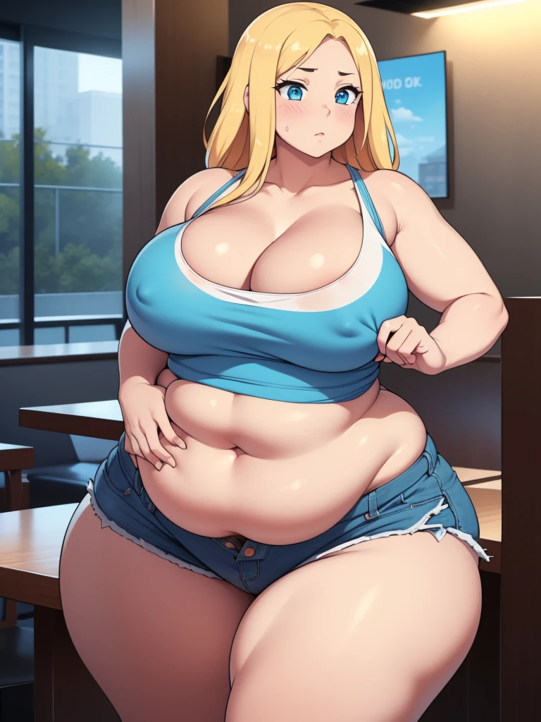 ((Masterpiece)), perfect anatomy, perfect shading, field of depth, (best quality), extremely delicate and beautiful, perfect lighting, detailed face, ultra cute face, cute, (1girl), (solo),
long fluffy blonde hair, blue eyes, ((blush)), nervous, looking at viewer, tank top, shorts, cleavage, large breasts, (((thick thighs))), ((wide hips)), plump, chubby belly, belly grab,
intricate background, detailed background, fast food restaurant, standing,