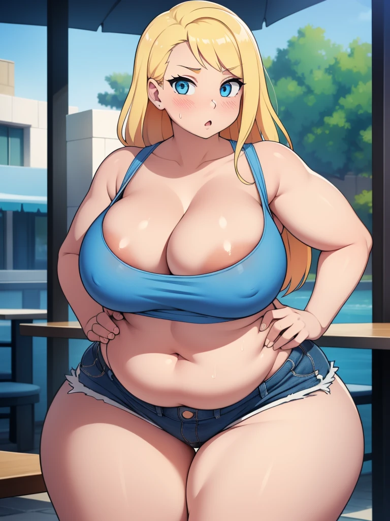 ((Masterpiece)), perfect anatomy, perfect shading, field of depth, (best quality), extremely delicate and beautiful, perfect lighting, detailed face, ultra cute face, cute, (1girl), (solo),
long fluffy blonde hair, blue eyes, ((blush)), nervous, looking at viewer, tank top, shorts, cleavage, large breasts, (((thick thighs))), ((wide hips)), plump, chubby belly, belly grab,
intricate background, detailed background, fast food restaurant, standing,