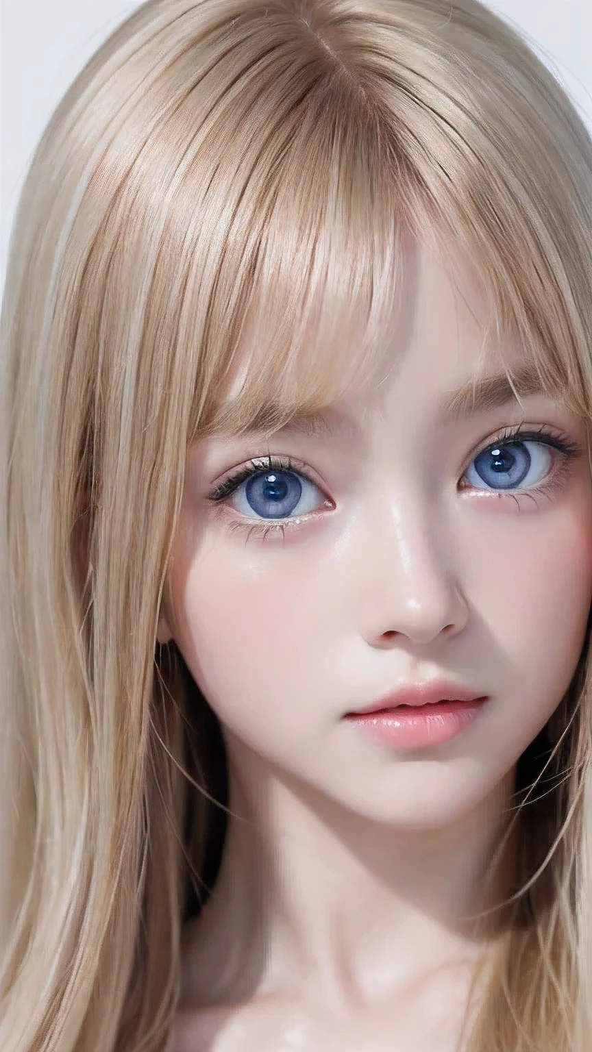 high quality、最high quality、Photorealistic、Raw photo、Real、超Real8K CG、Super detailed、High resolution、masterpiece、1 Girl、Super long hair、Light blonde hair、Bright Blue Eyes、Detailed face and eyes、Close-up、Intricate details、Detailed Texture、details、details、A perfectly beautiful face、Messy silky beautiful light blonde hair、Beautiful cute girl 16 years old、Very beautiful beautiful bright pale sky blue big eyes、Very super long beautiful blonde silky shiny hair、Long beautiful bangs、Very big eyes、Small Face Beauty、eyeliner、very white shiny skin、Gloss Face、Cheek gloss、Hair above the eyes、片Hair above the eyes、Hair between the eyes、