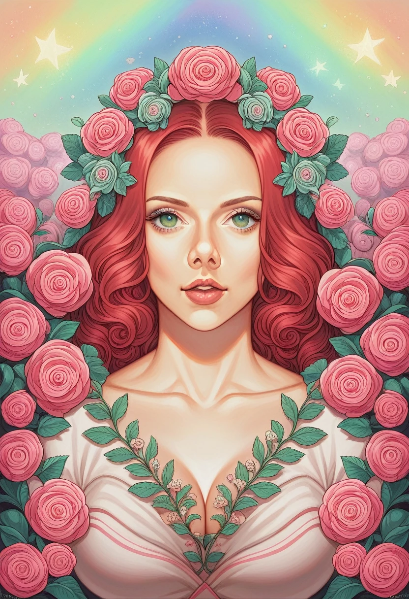 Scarlett Johansson stars in Marco Mazzoni-esque botanical masterpiece, detailed, Surreal, Front view, Elements of symbolism and surrealism, Painting by MSE、A charming and seductive Scarlett Johansson by Agnes Cecile, Bright design, pastel colours, Drops of ink, Spring Lights, Intricate Design, Focus on your audience intertwined, Beautiful, attractive and seductive Scarlett Johansson, Flowers, pastel, Focus on your audience, Front view,NSFW,beast