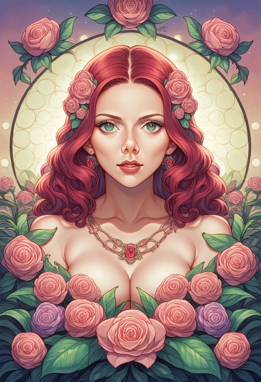 Scarlett Johansson stars in Marco Mazzoni-esque botanical masterpiece, detailed, Surreal, Front view, Elements of symbolism and surrealism, Painting by MSE、A charming and seductive Scarlett Johansson by Agnes Cecile, Bright design, pastel colours, Drops of ink, Spring Lights, Intricate Design, Focus on your audience intertwined, Beautiful, attractive and seductive Scarlett Johansson, Flowers, pastel, Focus on your audience, Front view,NSFW,beast
