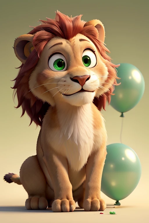 Cute lion, drawning Cartoon, orange tones, White background, voluminous mane, dainty, , unrealistic, greeneyes, drawning, holding three party balloon in green color, smooth reddish spot on forehead, animation 