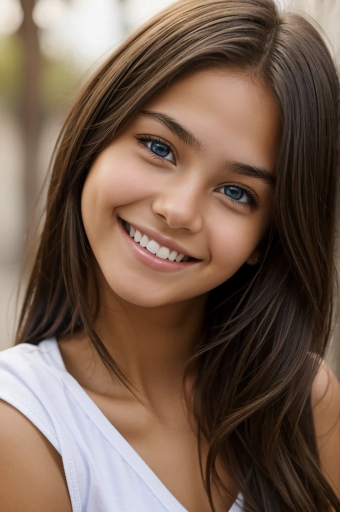 Teenage girl, very young, by rubio, blue eyes, brown skin, slim, short, Nice smile, soft features, With