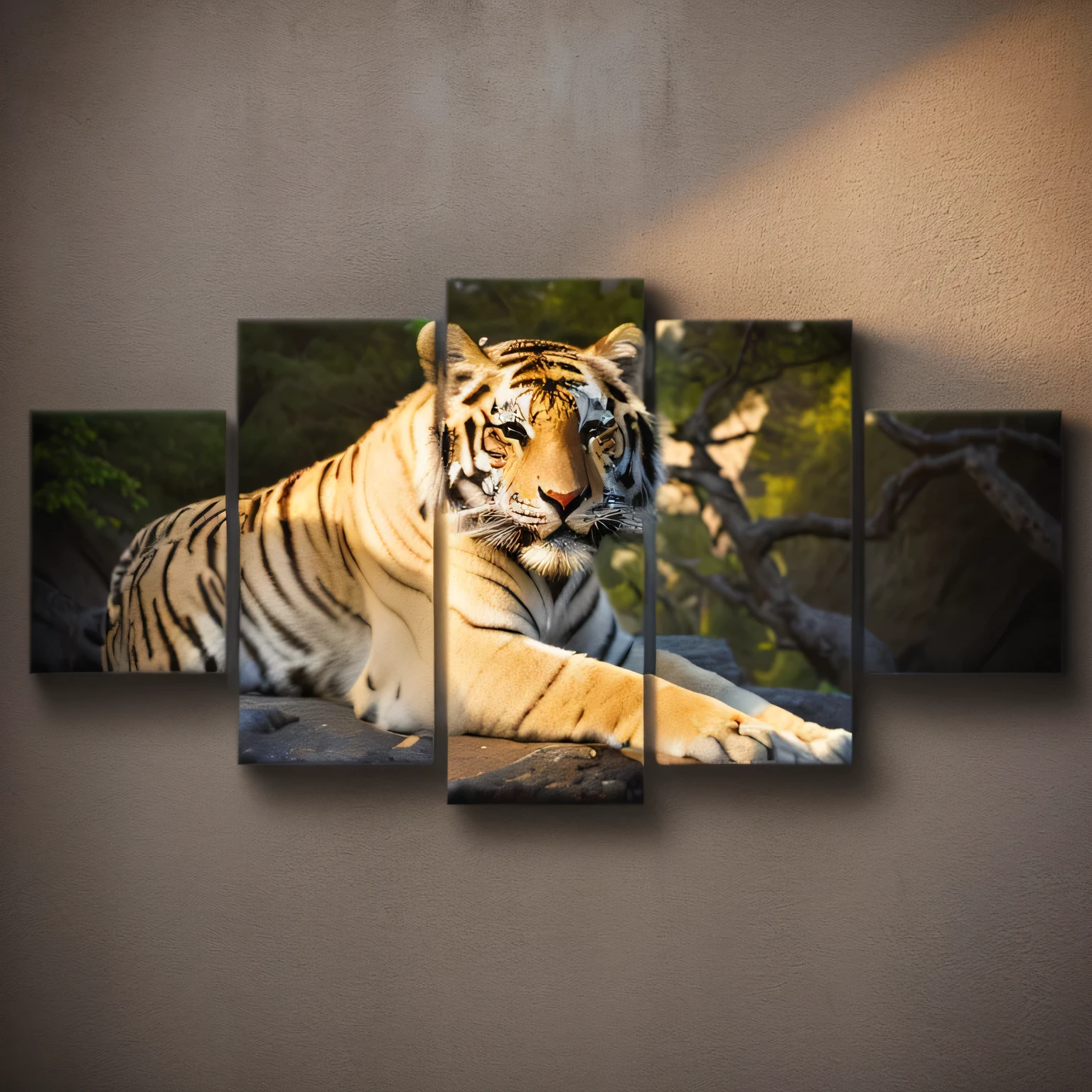 a close up of a white tigre laying on a rock, white tigre, canvas art print, Complete view with focus on the subject, tigre, work of art, majesty, inspired by Augustin Meinrad Bächtigre, 5 d, 5D, staring, por David Rubin, looking majestic in the forest, Beautiful and elegant, striking a hot and majestic pose, high definition art