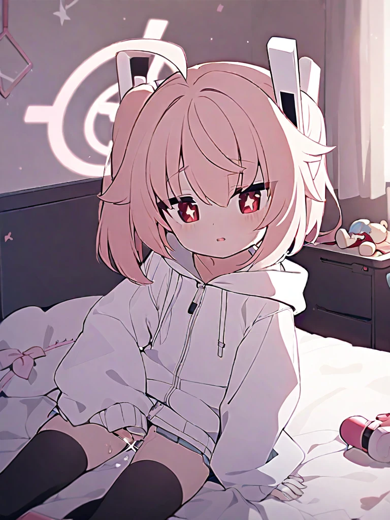 NSFW, Natsu, Natsu_Blue_Archive, short hair, white hoodie, black stockings, sparkly eyes, masturbation, 1 girl, bed, bedroom, toys