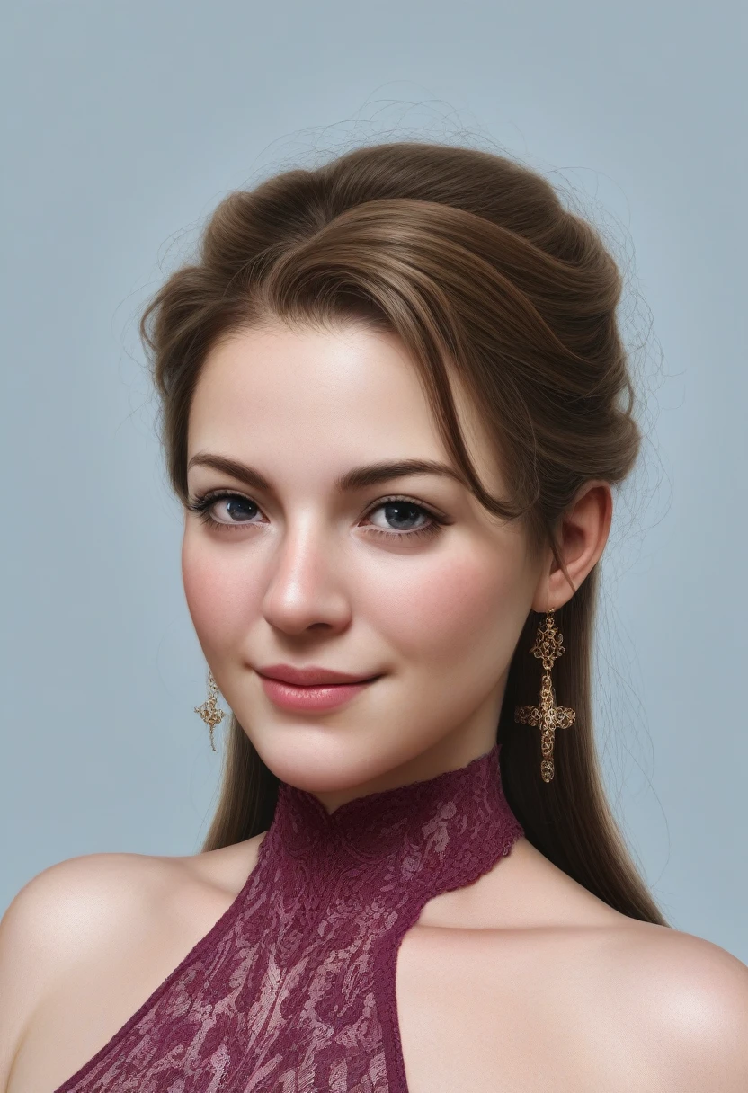 raw photo, realistic, best quality, source_anime, rating_general, detailed, detailed style, 
the eerily beautiful face of a princess. her face radiates power and concern, but in the edges of her mouth the faint shadow of a cruel and cold smile plays a sinister melody. Her strong nose parts her clear and expressive eyes which seem like bottomless azure lakes but hold a cold glint. Her regal hairstyle frames this masterwork of nature, the embodiment of the will to power.