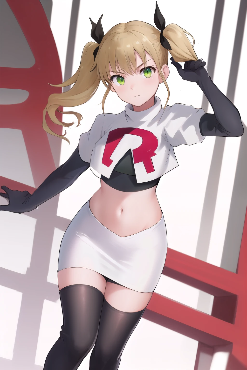masterpiece, best quality, highres, 1girl twintails hair ribbon, green eyes, team rocket,team rocket uniform,white skirt,red letter R,crop top,black thigh-highs,black elbow gloves