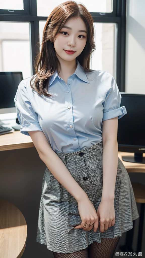 ((top-quality、masterpiece、photographrealistic:1.4、in 8K))、Beautuful Women1a person、25years old、beautiful hairl、delicate and beautiful face、Eyes and faces with detailed 、(Modern workplace with computer:1.2)、(Shirt:1.2)、(standing:1.2)、A smile、Beautiful lighting、Textured skin、Super Detail、high detailing、High quality、hight resolution、(looking at the viewers)、Detailed mouth、Opening Mouth、full body Esbian、tight skirts、Women at work、Fishnet Stockings、Coffee、window、Women who can work、high-heels, short hair
