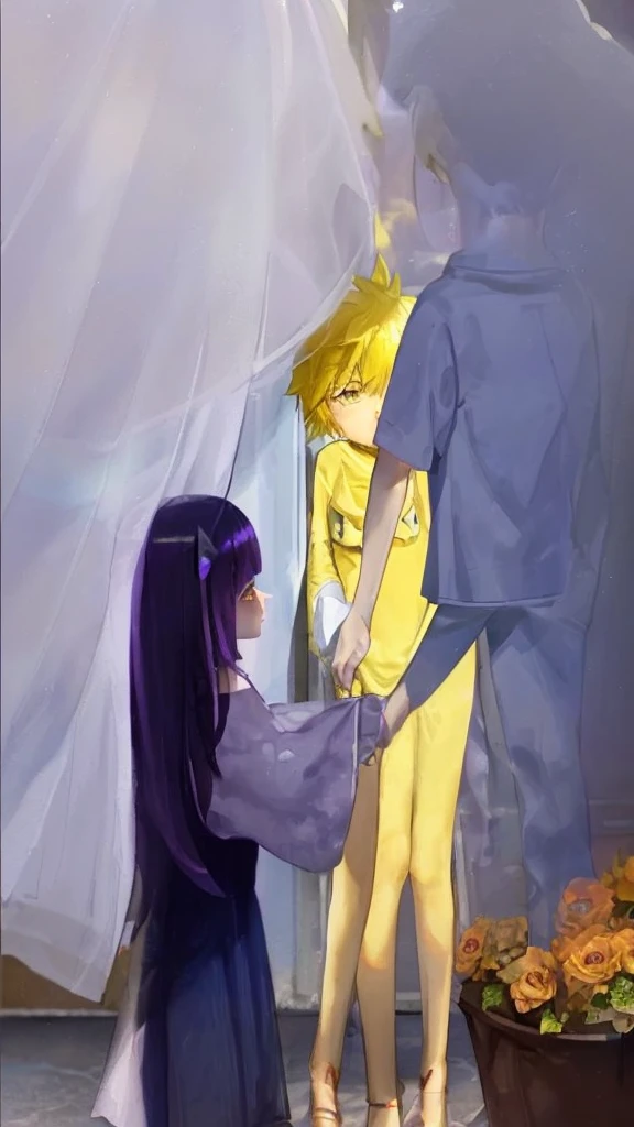 A boy and a girl stare at each other, looking at another, Kiss, Yellow Cat Boy and Dark Purple hair Girl,