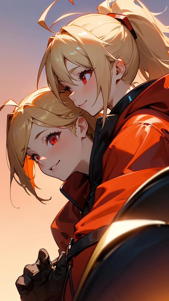 1 Girl、solo、Wearing a red hoodie、Wearing black leather gloves、Blonde ponytail、Ahoge、Beautiful red eyes、smile、Highly detailed profile、Upper body close-up、Ultra-detailed illustrations、Golden Hour Sky、Skyscraper rooftop