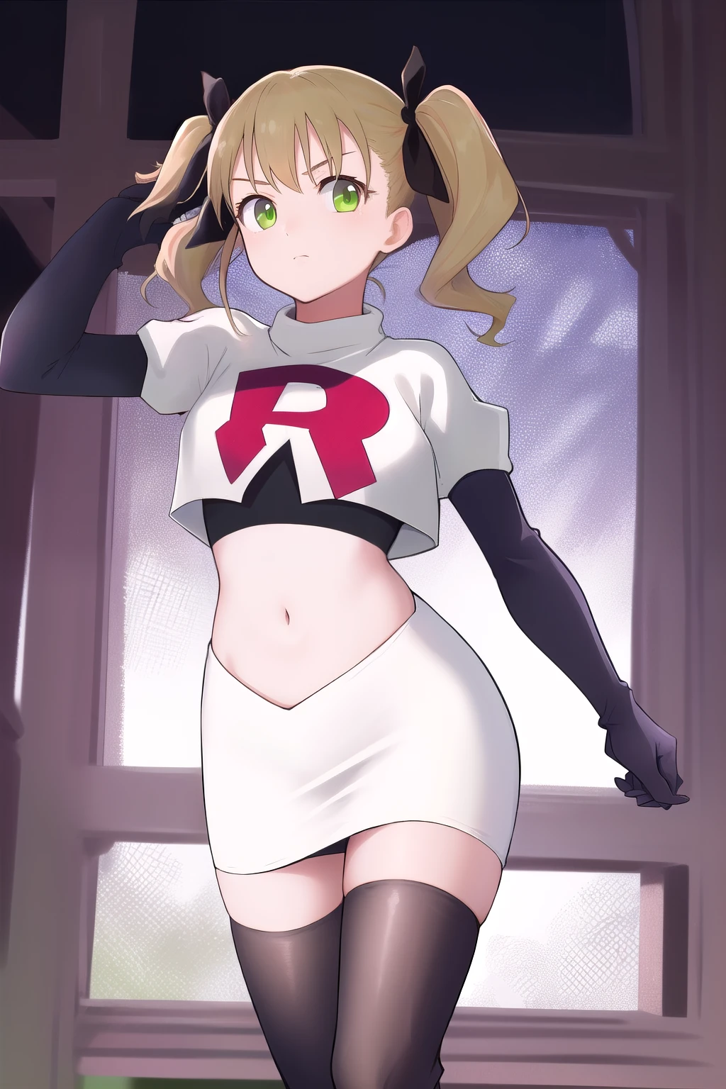 masterpiece, best quality, highres, 1girl twintails hair ribbon, green eyes, team rocket,team rocket uniform,white skirt,red letter R,crop top,black thigh-highs,black elbow gloves