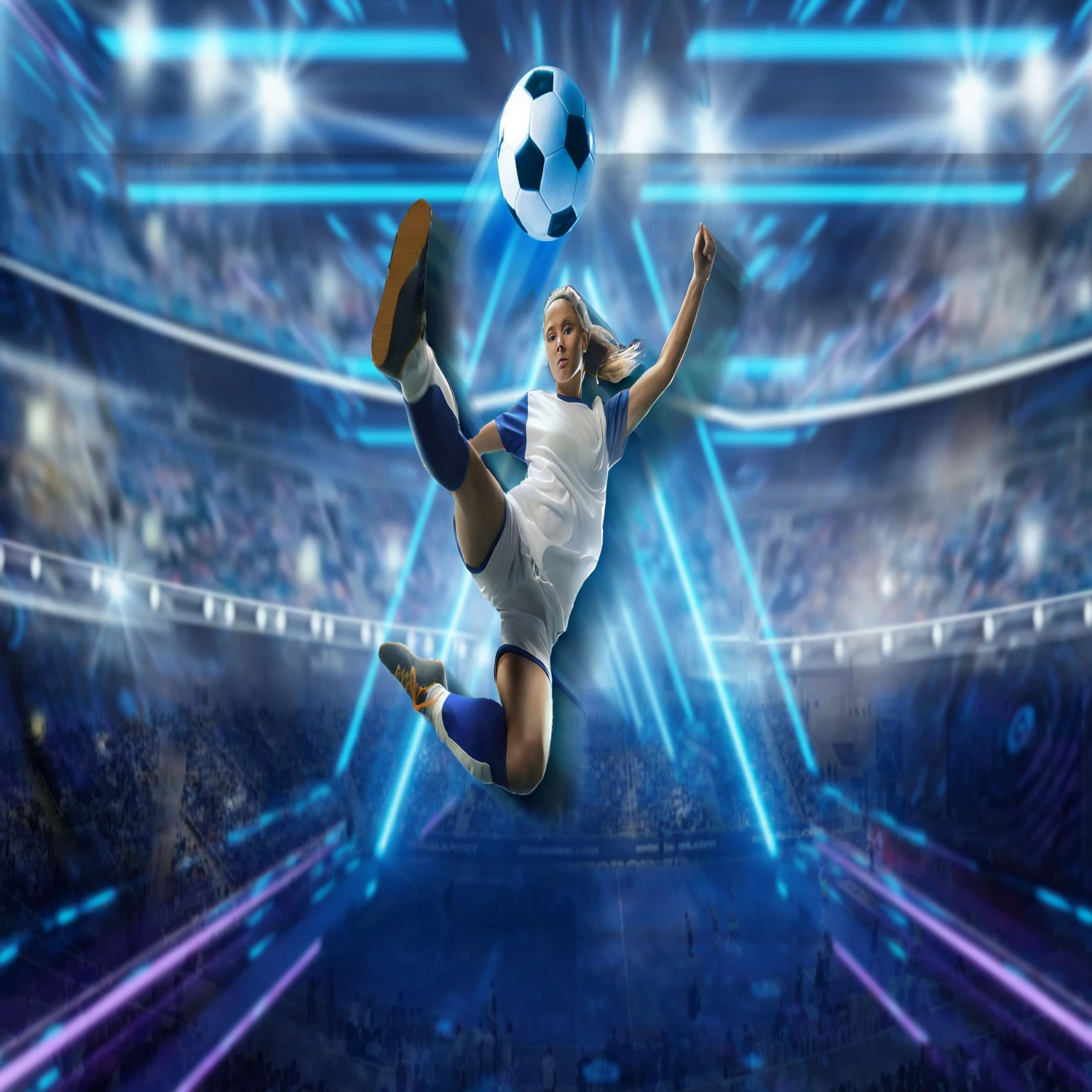 a dynamic and vibrant action shot of a female soccer player in mid-kick, with her leg extended towards the ball. She is wearing a white jersey and blue shorts, and her blonde hair is pulled back into a ponytail. The background is blurred with streaks of light, emphasizing the motion and energy of the scene.  Hyperrealistic intricate detail, finely detailed,