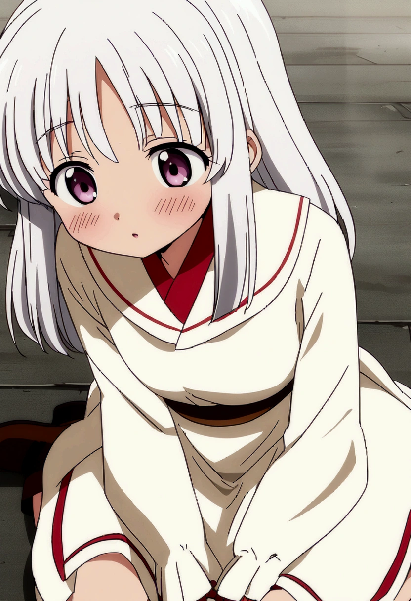 anime girl with long white hair sitting on the ground, white haired deity, gapmoe yandere, anime visual of a cute girl, yandere, shirabii, white haired, girl with white hair, soft anime illustration, shikamimi, by Shitao, white-haired, anime moe artstyle, ( ( ( yoshinari yoh ) ) )