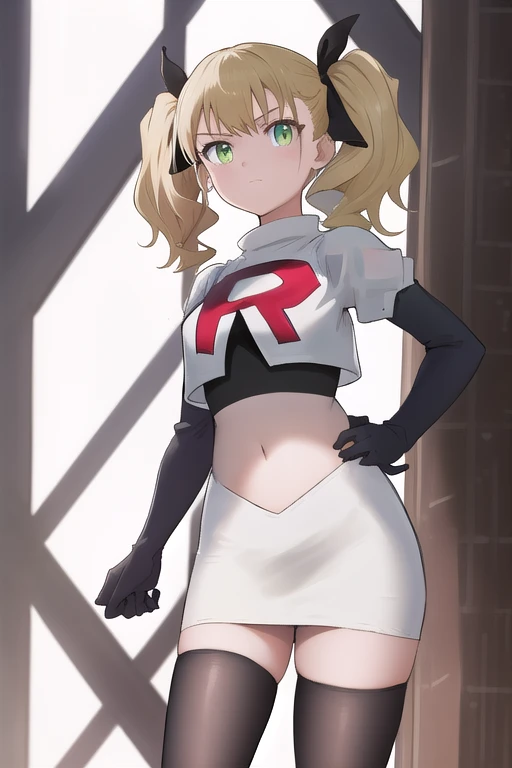 masterpiece, best quality, highres, 1girl twintails hair ribbon, green eyes, team rocket,team rocket uniform,white skirt,red letter R,crop top,black thigh-highs,black elbow gloves