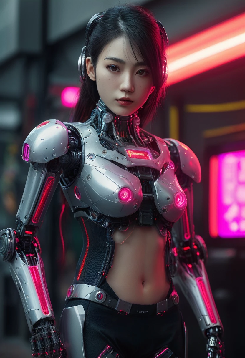 xxmixgirl. Highly detailed professional 35mm film, bokeh, face in sharp focus. A robotic female, Miku, with ((metal skin)), ((perfect Asian eyes)) with magenta irises and ((black pupils)), beautiful serious (detailed face), 18 year old ((photorealistic face)), very long magenta twin tails of magenta hair, twin black hair ties with a single red stripe. She may have a black audio headpiece. We can see her ((full body)) down to her boot soles. Her outfit is a sleeveless collared light grey shirt, outlined in red around the frilled collar and hems. Shiny reflective ((metallic breast cups, dimpleless)), invisible nipples. She wears black sleeves with red hems that start around her upper arm and bellow out as the sleeves open and extend to her wrists, with wide trumpet red rimmed cuffs. She has perfect robotic (detailed hands). She wears a red colored tie with two horizontal solid parallel black lines halfway across. She wears a fabric black skirt with a horizontal red hem at the bottom all the way around; her (((black skirt wraps around her))) and ((her skirt completely covers)) her robotic waist and thighs. Tall black boots with red bottom soles, a red rim around the top at her thighs. Her mechanical shoulder joints are visible. We can see her robotic legs and robotic neck. Half of her is covered with shiny polished machinery. The background is a distant dark neon futuristic Japanese city, gold, cyan, violet neon, near harbor or mountains.