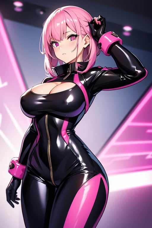 busty girl, pink hair, pink eyes, with tight black latex suit