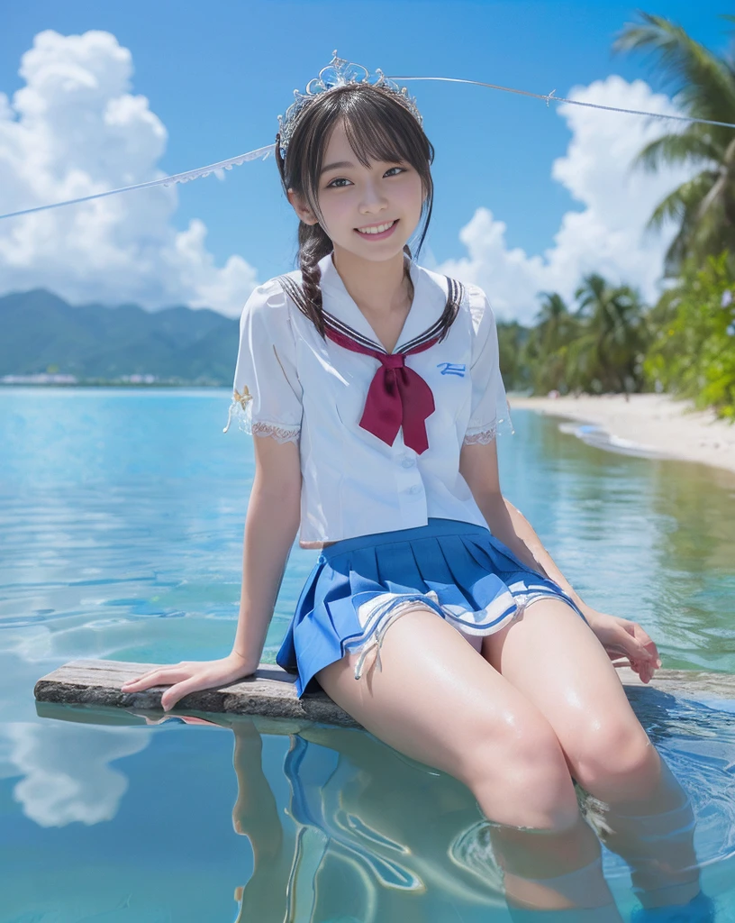 (NFSW)、(High resolution:1.5)、Highest quality,Very detailed,masterpiece,Super detailed,alone,(One 12 year old girl),((Summer School Uniforms:1.5)), Seraphim, ((skirt:1.5)),  smile, Thigh fetish images: 1.5、(((barefoot)))、(Her thighs and white bikini reflected in the clear blue water)、(reflected in water:1.5)、((I can see the white string panties:1.5))、(Cleavage)、((Clear blue seawater))、Summer sun、はしゃいだsmile、Beautiful Eyes、(pull-out-panties)、Big necklace and tiara、The water is marine blue、